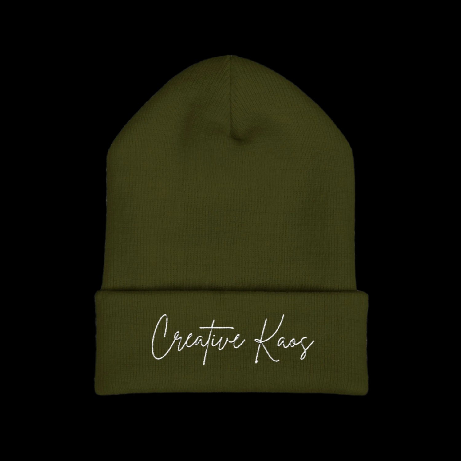 Green beanie with 'Creative Kaos' text on a white background