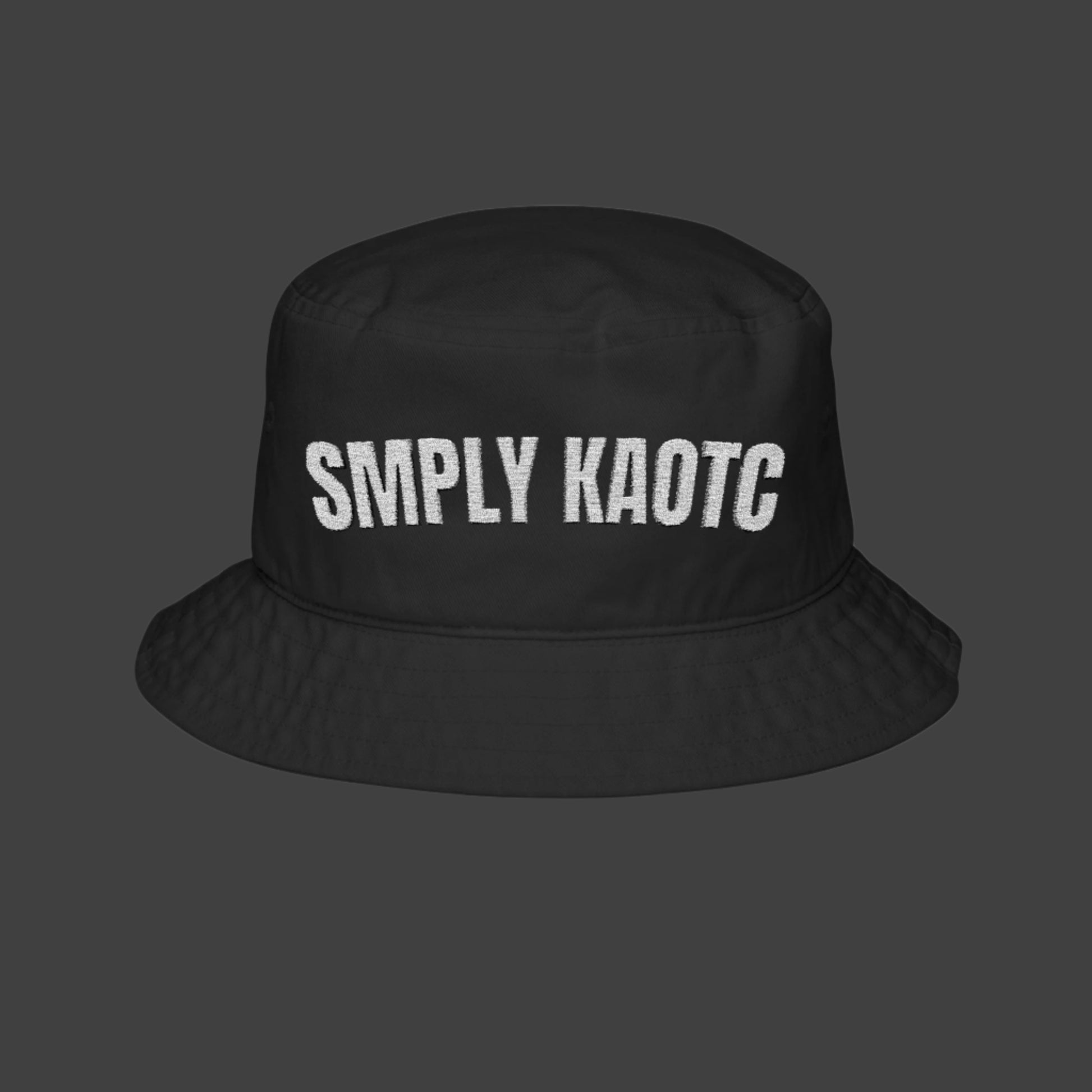 Black bucket hat with 'SIMPLY KAOTC' text on a white background