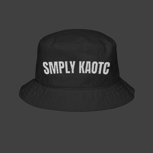 Black bucket hat with 'SIMPLY KAOTC' text on a white background