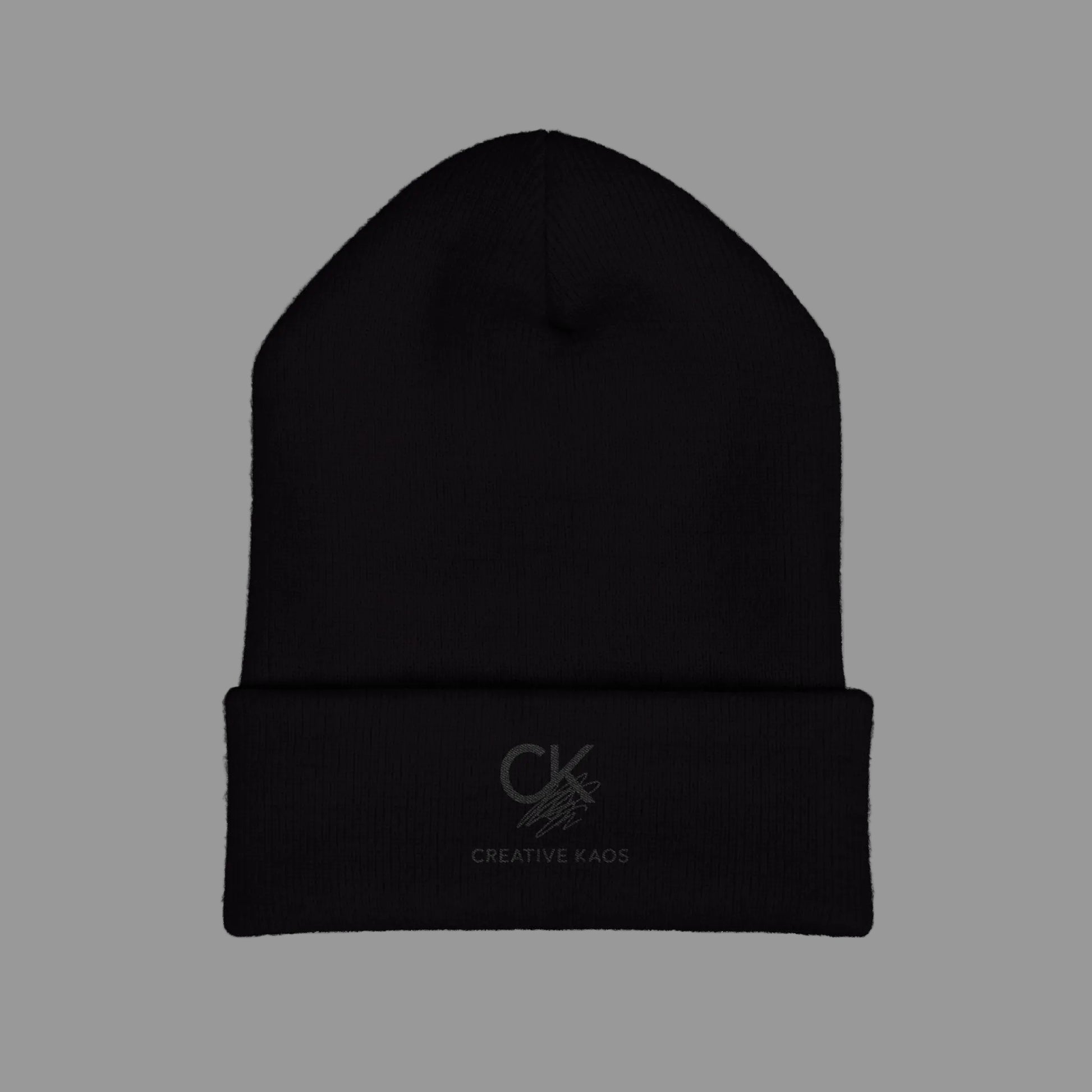 Black beanie with a logo on a white background